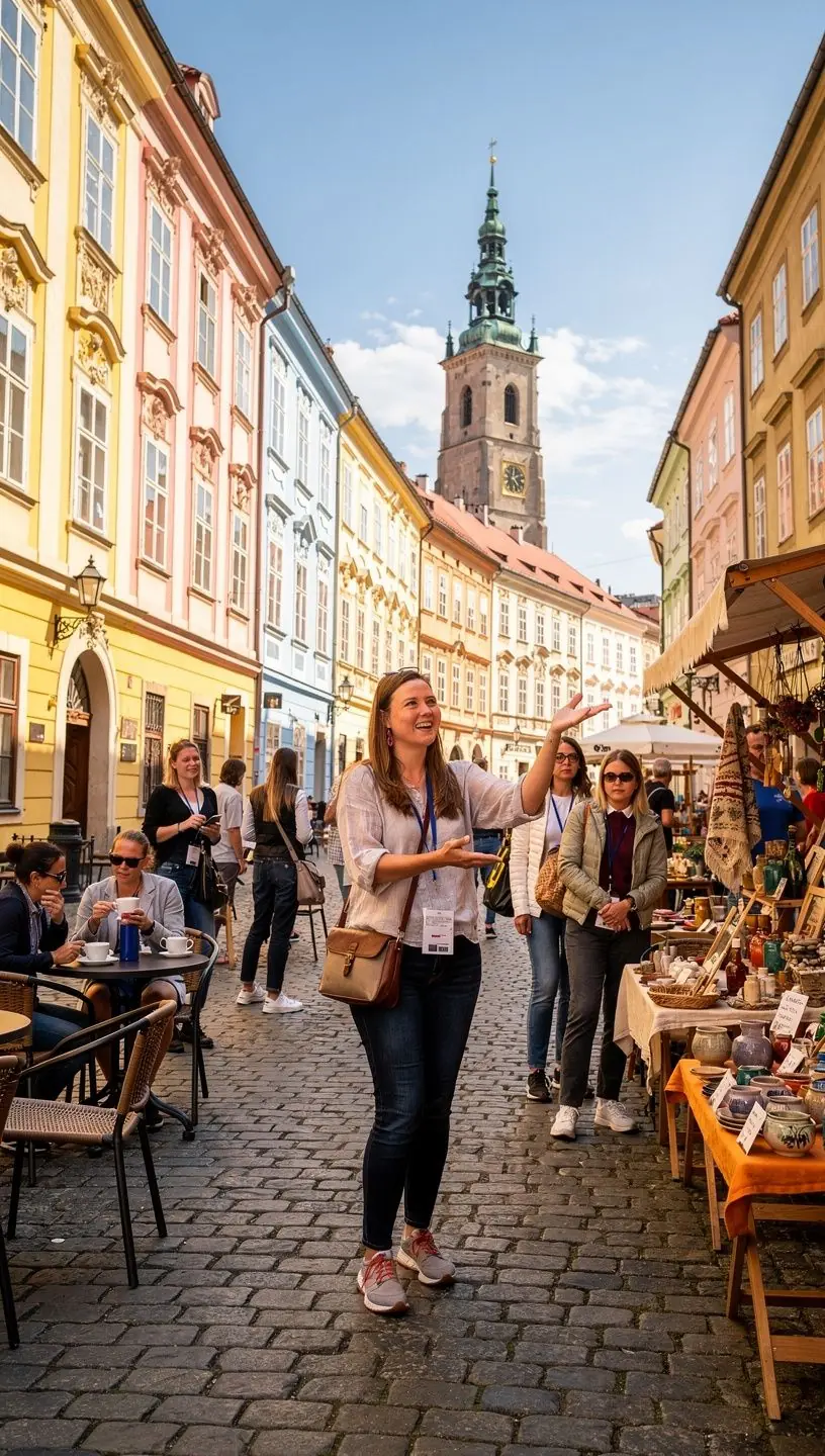 A group of tourists participating in a lively folk festival, experiencing the music and dance of Slovak culture.